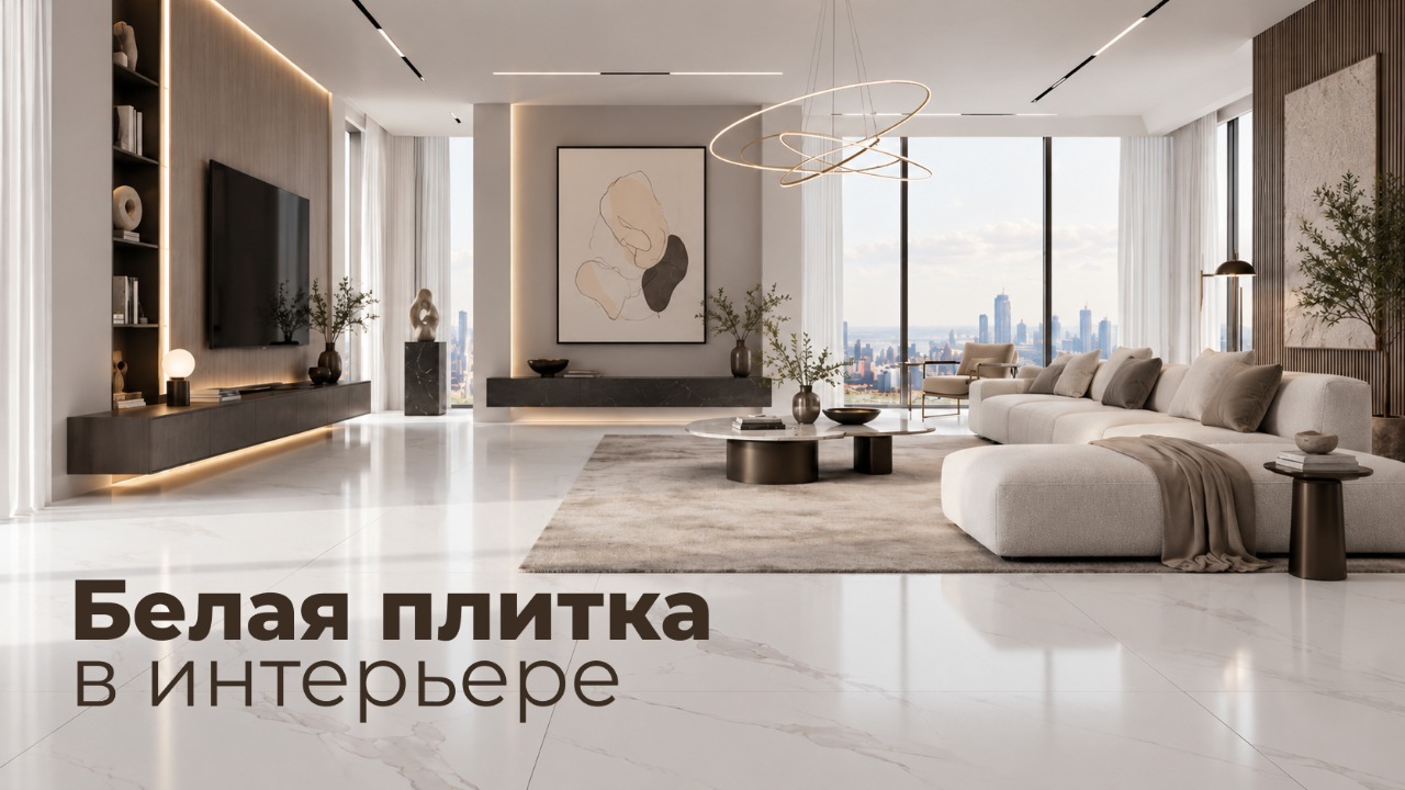 Гостиная с белым полом под мрамор, светлым диваном и панорамными окнами